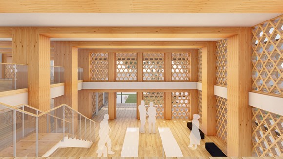 アキュラホームグループ、日本の街並みに木造建築を復活！日本初、純木造8階建てビルを普及型として発表 ～コスト2/3で公共建築物木造化にも寄与できるモデルに～のサブ画像2_木の温かみが感じられる「普及型純木造ビル」の内観イメージ