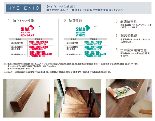 天然木の手摺・カウンター・階段材で「SIAA抗ウイルスマーク」と「SIAA抗菌マーク」を取得のメイン画像
