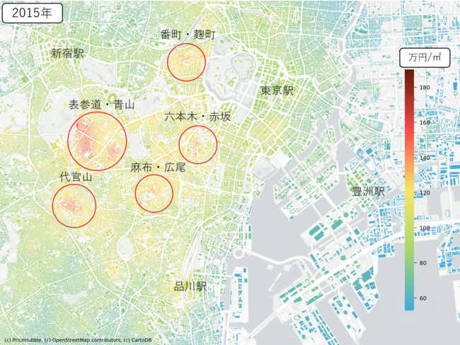 AIで視覚的に見る、東京の中古マンション価格のサブ画像2_画像：東京都心の価格（2015年）
