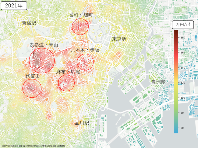 AIで視覚的に見る、東京の中古マンション価格のサブ画像3_画像：東京都心の価格（2021年）