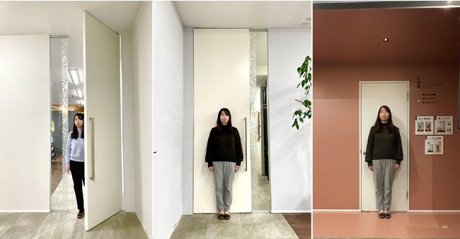 国内最大・住宅向けの高さ３ｍ室内ドアを1月19日に発売　〜従来比１.５倍でリビングの開放感、快適さを向上〜のサブ画像1_左・中央３ｍドア、右２ｍドア女性の身長は日本人平均に近い156cm