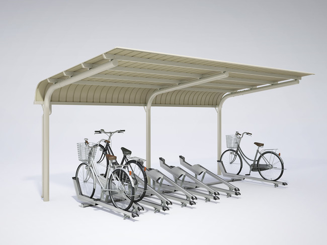 3人乗り電動アシスト自転車から幼児用自転車まで様々な自転車が収容できる「アルミ製スライド式自転車ラック」2タイプ新発売のサブ画像4_駐輪場屋根とスライドラックの組み合わせ