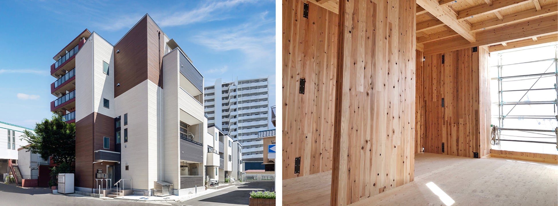オリジナルＣＬＴ工法による４階建て賃貸住宅が千葉県船橋市に完成のサブ画像1_左：外観（完成時）／右：内観（２０２２年２月上棟時）
