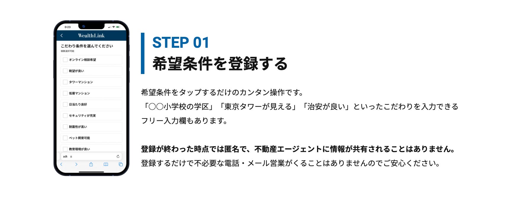 日本初「都心5区特化型」完全会員制不動産マッチングサービス「WealthLink」がリリースされました！のサブ画像2_希望条件登録