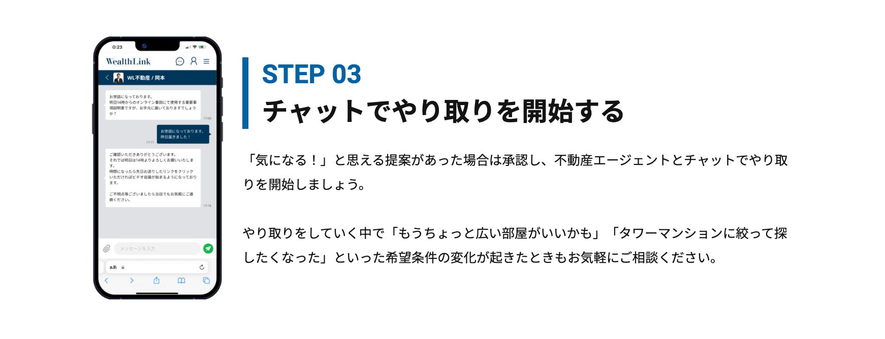 日本初「都心5区特化型」完全会員制不動産マッチングサービス「WealthLink」がリリースされました！のサブ画像4_チャットでやりとり