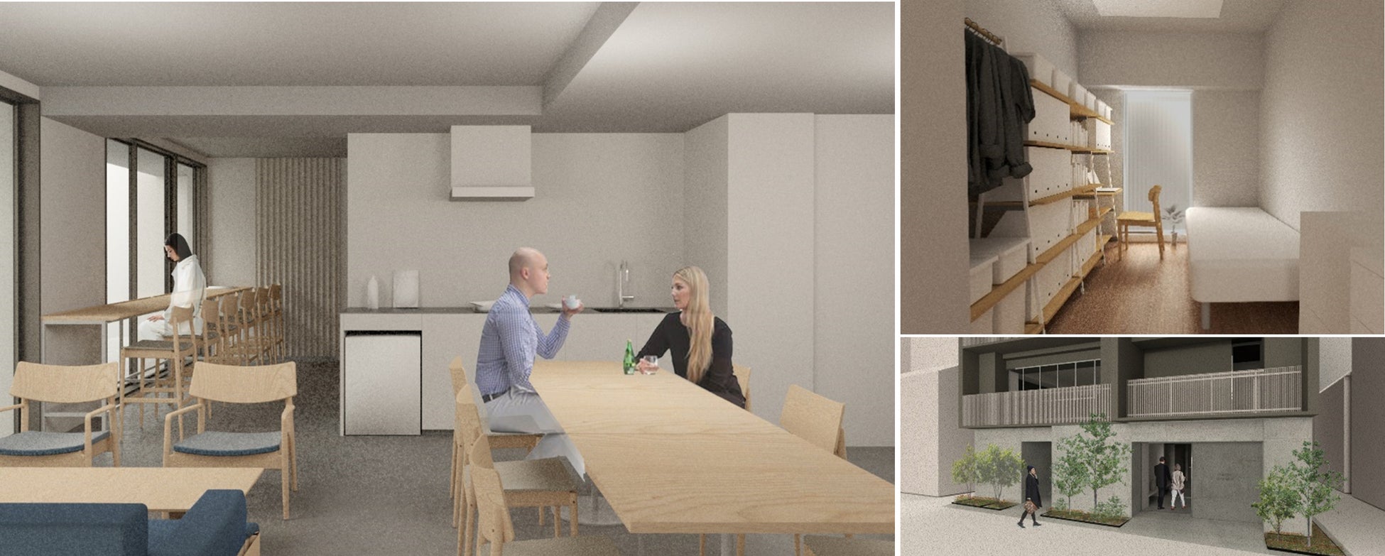 日鉄興和不動産とリビタ、2社協業プロジェクト第2弾『Well-Blend板橋大山』2023年3月開業のサブ画像1_左：2階ラウンジ（共用部）　右上：個室イメージ　　右下：アプローチ