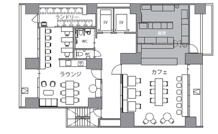 日鉄興和不動産とリビタ、2社協業プロジェクト第2弾『Well-Blend板橋大山』2023年3月開業のサブ画像3_2F共用部・カフェ フロアマップ