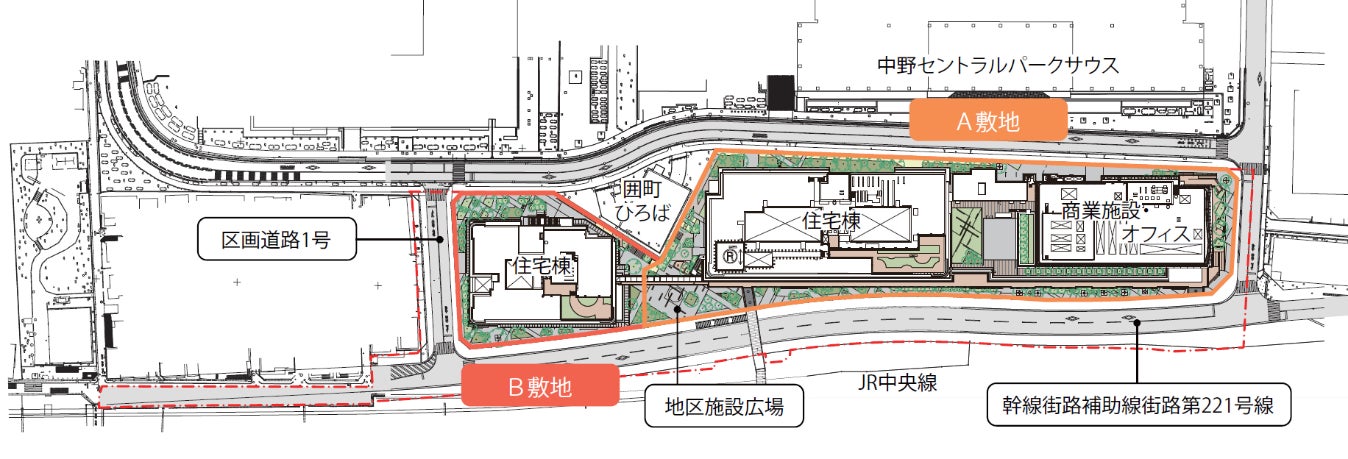 中野駅前大規模複合再開発事業「パークシティ中野」に街区名称決定のサブ画像2_【施工区域図・建物配置図】　※今後変更となる可能性がございます。