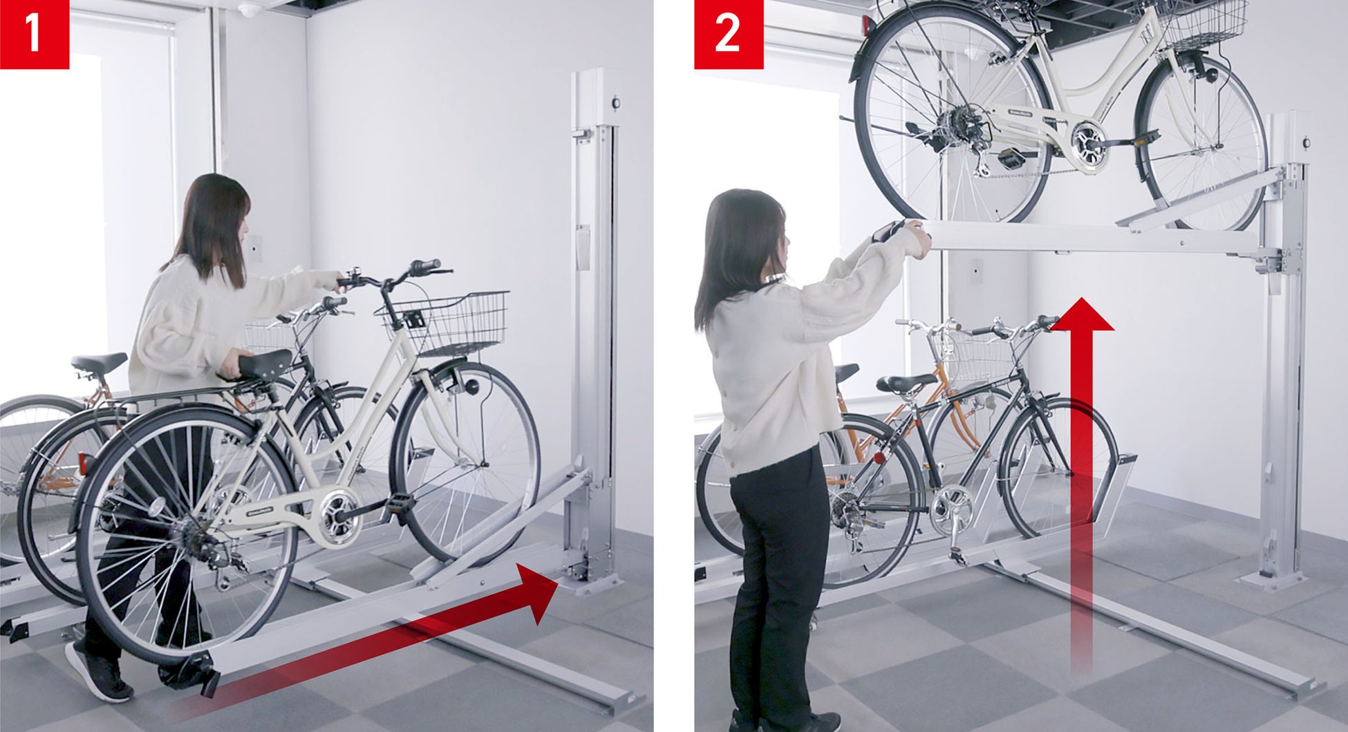 〈集合住宅の駐輪スペースが有効に使える〉上下に垂直移動する自転車ラックVR-A5を新発売のサブ画像2_VR-A5型 操作シーン