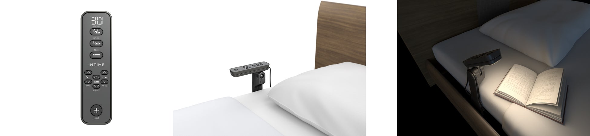 一般家庭向け電動ベッド「INTIME1000シリーズ」フルモデルチェンジのサブ画像2_コンパクトに設計された手元スイッチ。手元スイッチホルダー。LEDライトの角度も変更できます。
