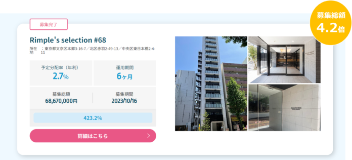 【子会社プロパティエージェント】Rimple‘s Selection#68 募集総額423.2％の2.90億円の応募のメイン画像