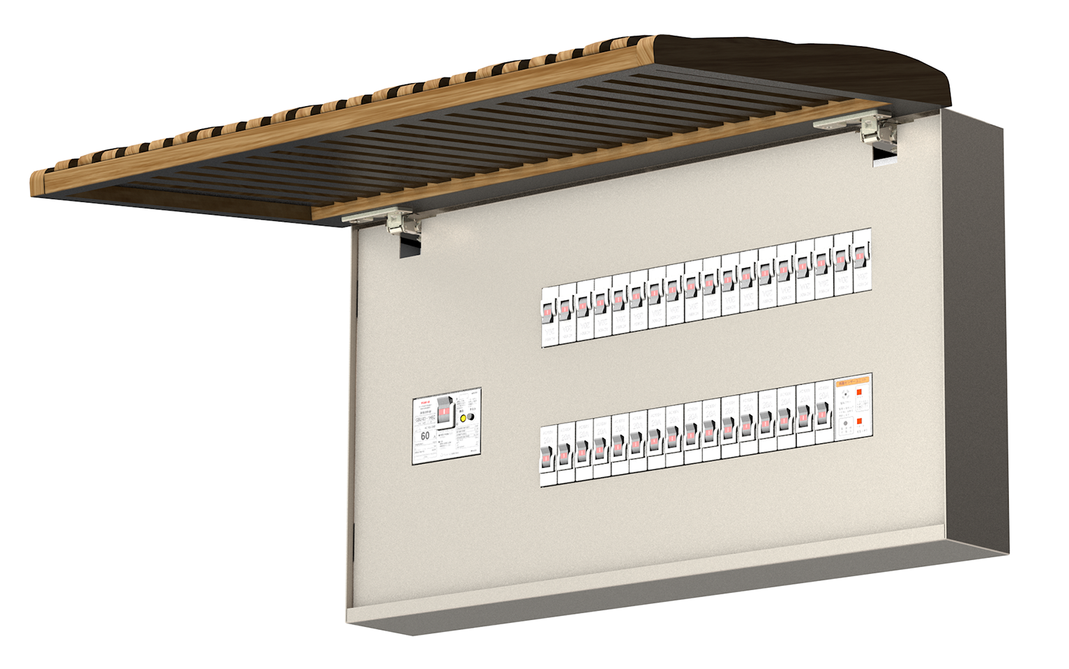 テンパール工業とマルニ木工、不燃性木材を使ったオブジェのような分電盤の開発に着手のサブ画像4_パールテクトｍｏｋｕ  Sazanami（扉開）