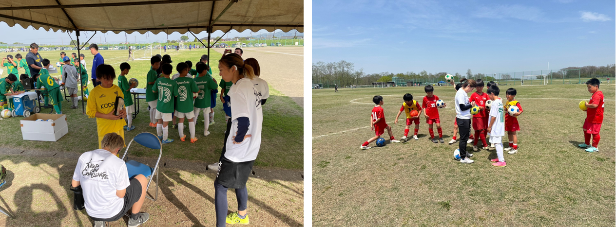 「第1回U-11少年少女サッカー大会 JCカップinこだま～高みを目指し仲間と挑戦～」にてデフフットボール交流試合を実施のサブ画像3_上）交流試合の様子　下）サッカーボールにサインをする選手