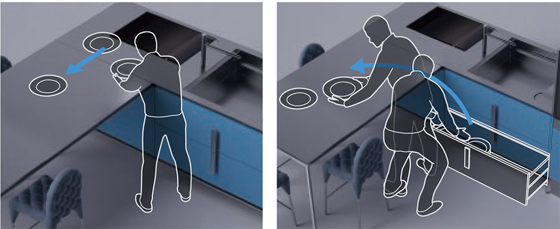 新作キッチン “進化した「ゼロ動線プラス」” 登場のサブ画像7_（左）キッチンとテーブルがフラットだから広々使えてスムーズに配膳。（右）ダイニング側にも引き出し収納。準備もしやすい。