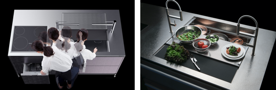 新作キッチン “進化した「ゼロ動線プラス」” 登場のサブ画像9_（左）一歩も動かず調理ができる「ゼロ動線キッチン」。（右）シンクが調理スペースになる「パラレロシンク」。