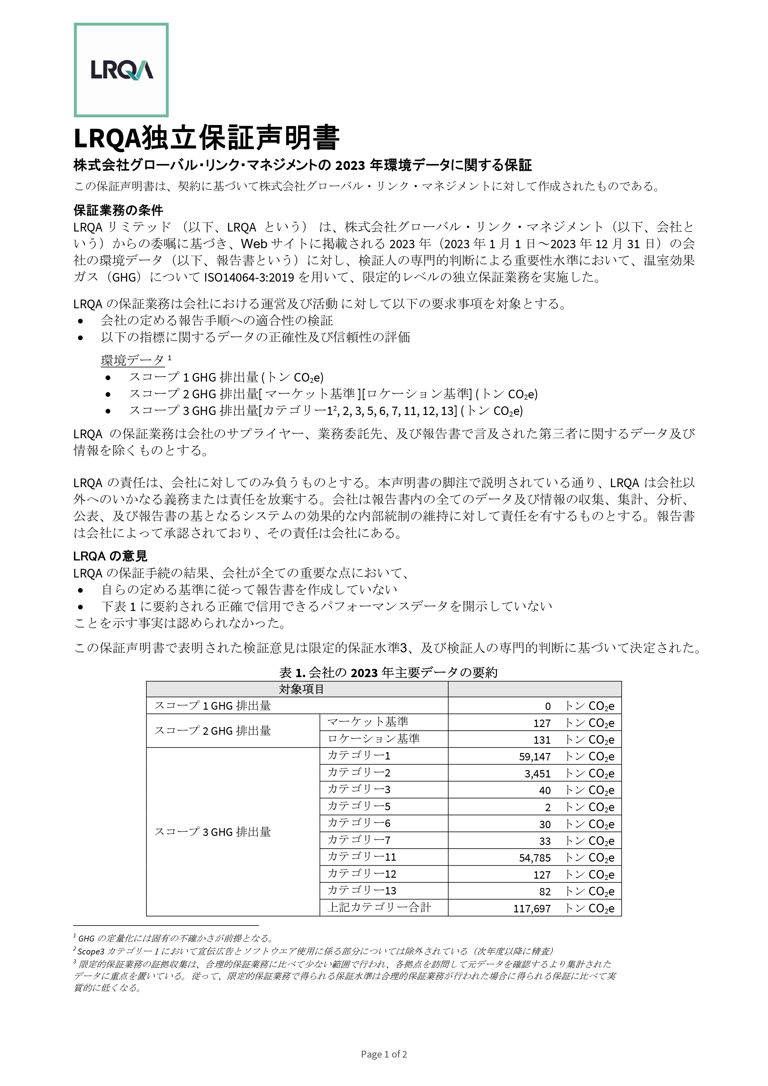 温室効果ガス（GHG）排出量の第三者保証を取得のサブ画像2_【LRQA独立保証声明書　１／２】