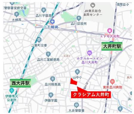 ＪＲ東日本グループ初となる開発型ファンドを組成、不動産ファンド事業の成長を加速します～JR東日本の社宅を全面リノベーション子育て世代向け賃貸レジデンス「クラシアム大井町」へと生まれ変わります～のサブ画像5_(C)Mapbox  (C)OpenStreetMap  (C)LY Corporation  Z17LE 第1041号