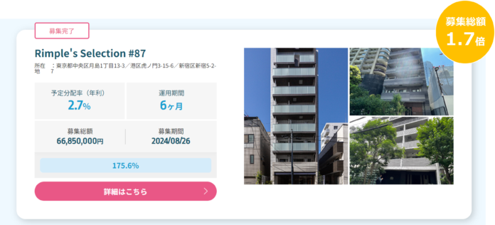 プロパティエージェントの展開する不動産クラウドファンディングRimple’s Selection#87募集総額175.6％の1.17億円の応募のメイン画像