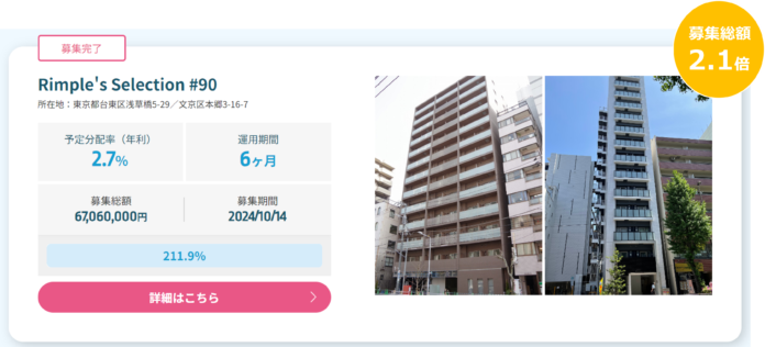 プロパティエージェントの展開する不動産クラウドファンディングRimple’s Selection#90募集総額211.9％の1.42億円の応募のメイン画像