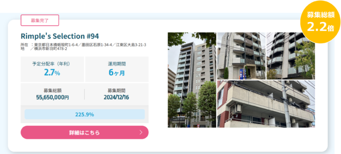 プロパティエージェントの展開する不動産クラウドファンディング　Rimple’s Selection#94募集総額225.9％の1.25億円の応募のメイン画像