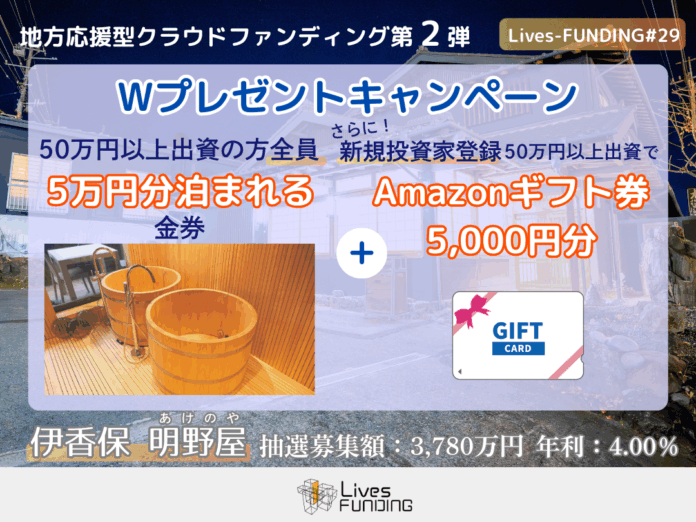 【地域応援型クラウドファンディング第2弾】5万円分宿泊金券＆Amazonギフト券5,000円分プレゼント『ライブズファンディング』のメイン画像