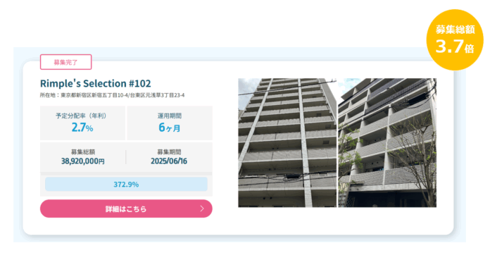 プロパティエージェントの展開する不動産クラウドファンディングRimple’s Selection#102募集総額372.9％の1.45億円の応募のメイン画像