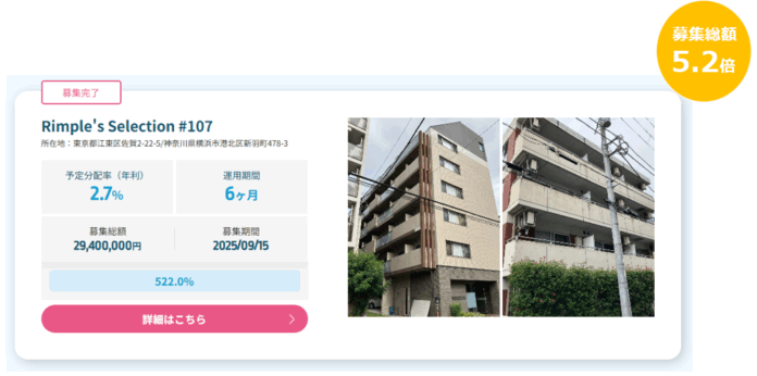 プロパティエージェントの展開する不動産クラウドファンディングRimple’s Selection#107募集総額522.0％の1.53億円の応募のメイン画像