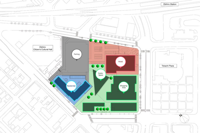 （仮称）帯広駅南口再開発プロジェクト、2028年春に開業予定。マンション、ホテル、商業施設を含めた2万5,000㎡の街区へのメイン画像