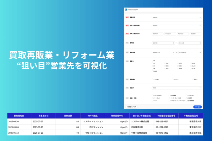 買取再販業・リフォーム業の“狙い目”営業先を可視化、営業の効率化と利益成長を支援する「長期空室・販売中物件リスト出力システム」の提供開始のメイン画像