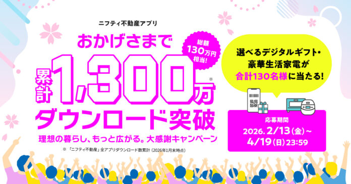 【総額130万円相当】「ニフティ不動産アプリ」累計1,300万ダウンロード突破記念！「理想の暮らし、もっと広がる。大感謝キャンペーン」を開催のメイン画像