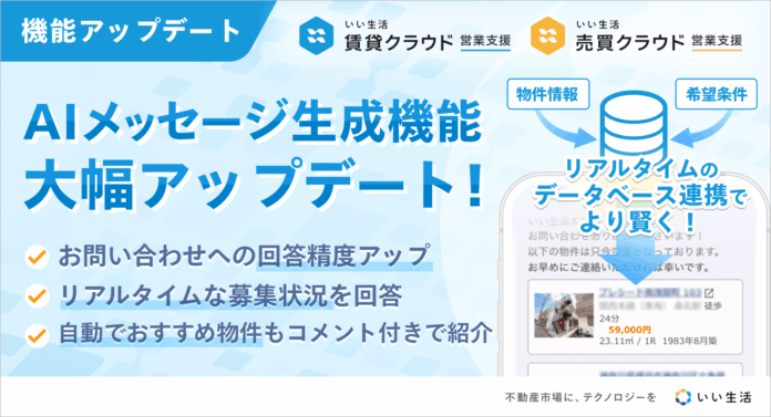 「いい生活賃貸/売買クラウド 営業支援」AIメッセージ生成機能がアップデートのメイン画像