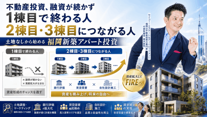 銀行が評価する新築アパート投資には、理由がある。福岡で土地なしから始める不動産投資セミナーを5月16日に開催。お客様のFIRE達成にイチから伴走する安心サポート。のメイン画像